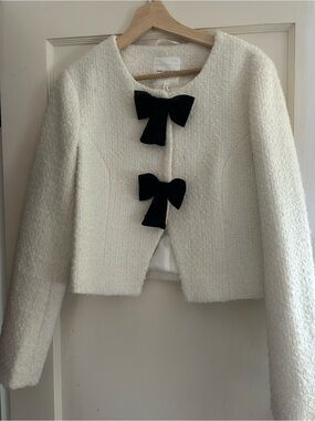 Avec Les Filles Cream Tweed Jacket with Black velvet Bow Details